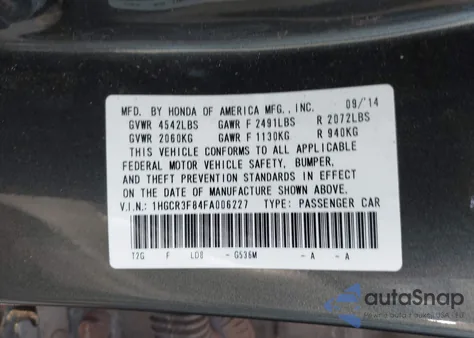 2015 Honda Accord Ex-L 2.0T from USA, damaged, VIN 1HGCR3584SA006227